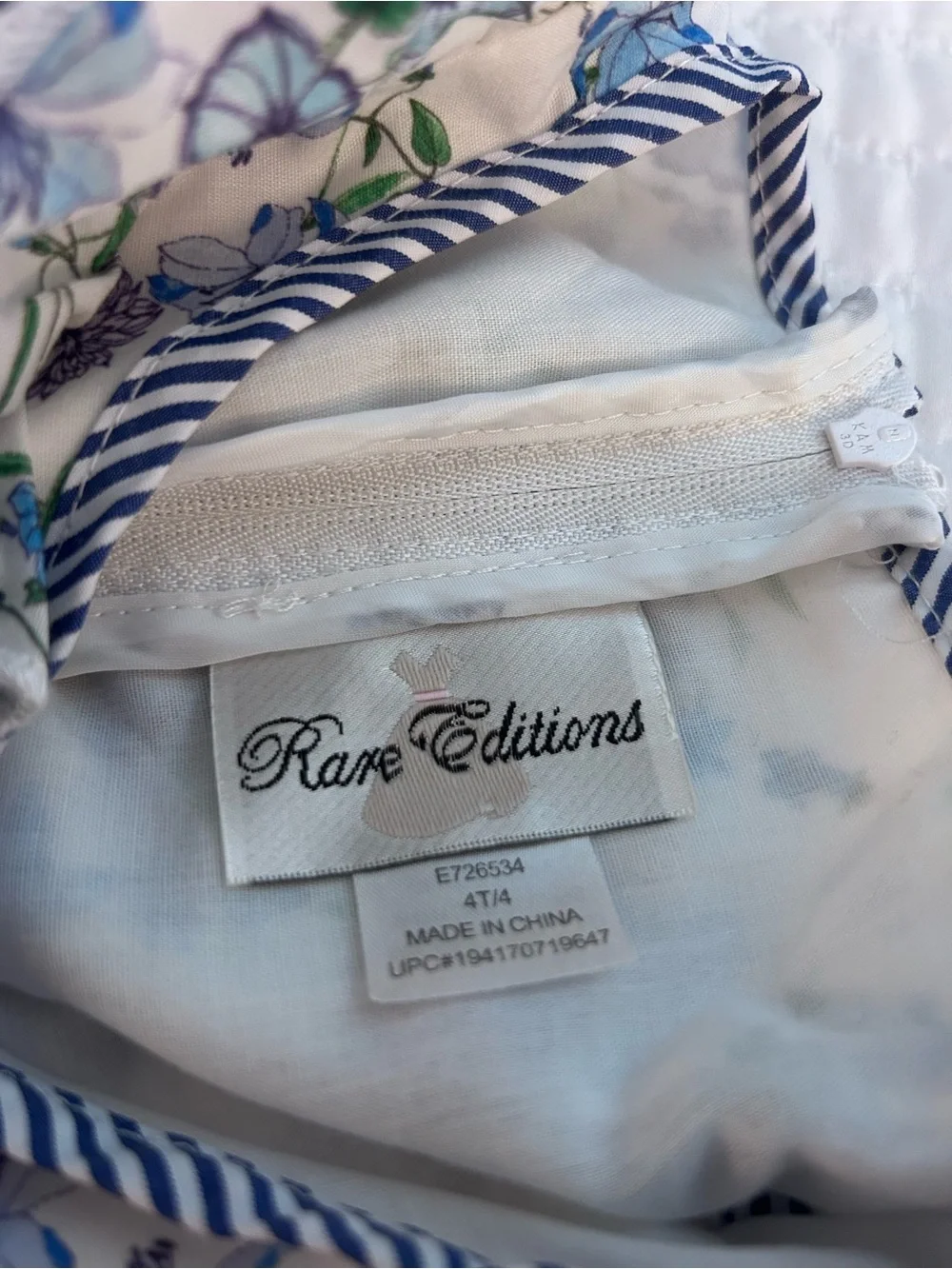 Rare Editions White Dress with Blue Floral Print and Royal Blue Ribbon